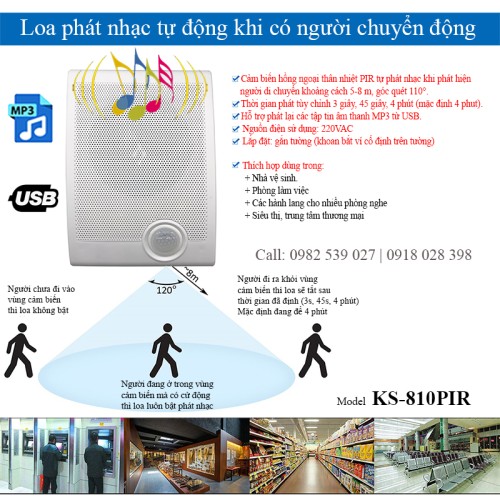 Loa phát nhạc tự động khi có người chuyển động KS-810PIR (quảng cáo, lời nhắc, thư giãn, giải trí, nhà vệ sinh), đại lý, phân phối,mua bán, lắp đặt giá rẻ